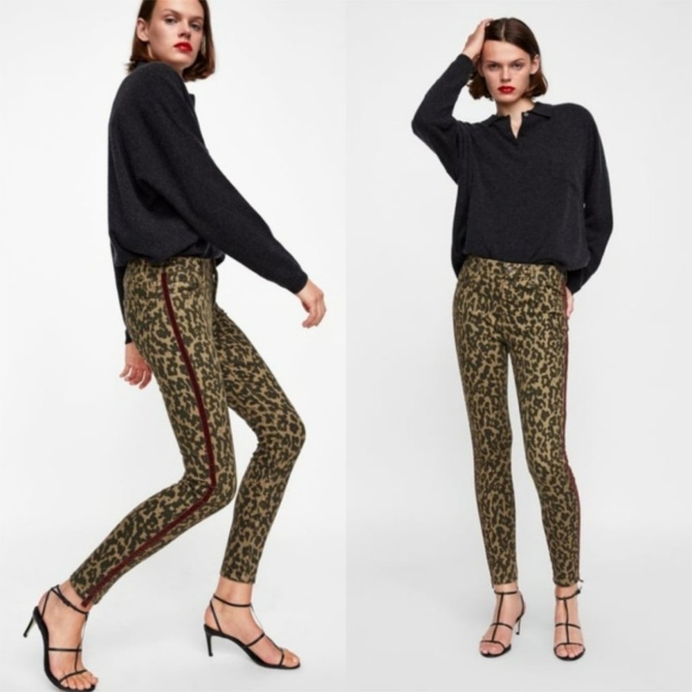 🌞ZARA Woman Leopard Premium Jeans Animal Print Skinny Red Velvet Stripe
